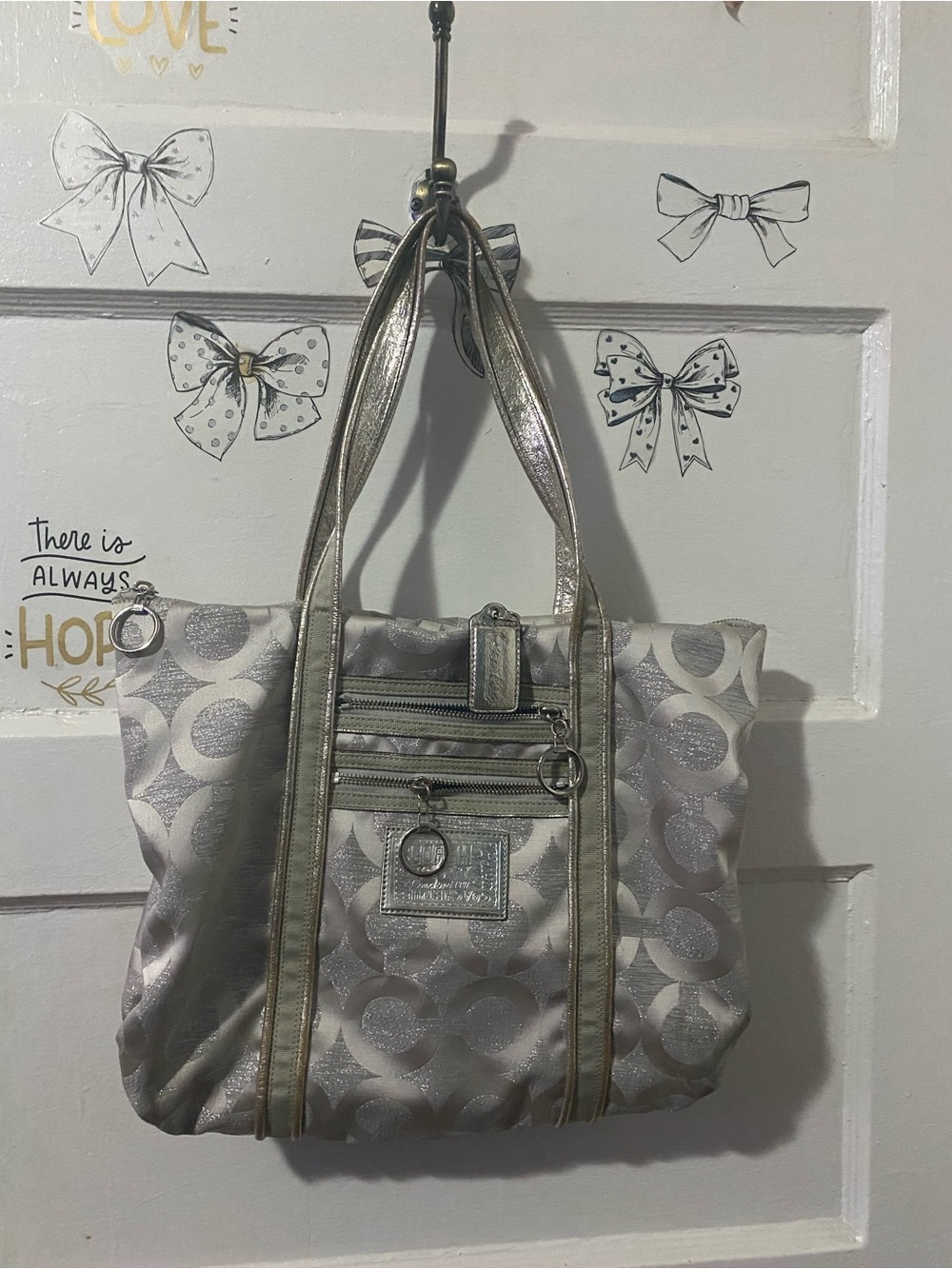 Coach poppy Silver Tote Bag with Metallic Trim